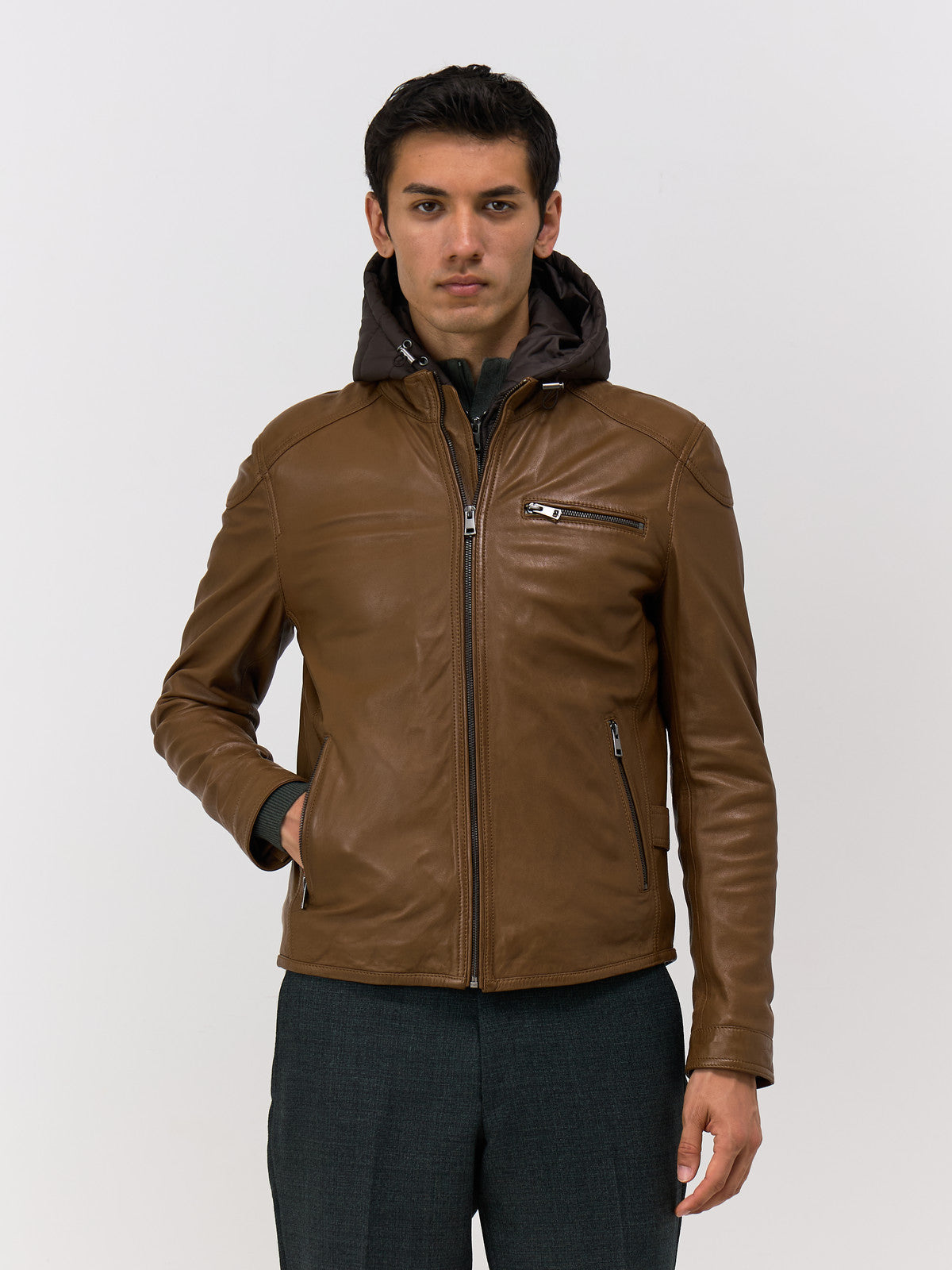 Blouson En Cuir Camel Capuche Amovible