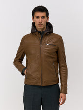 Blouson en cuir camel à capuche amovible