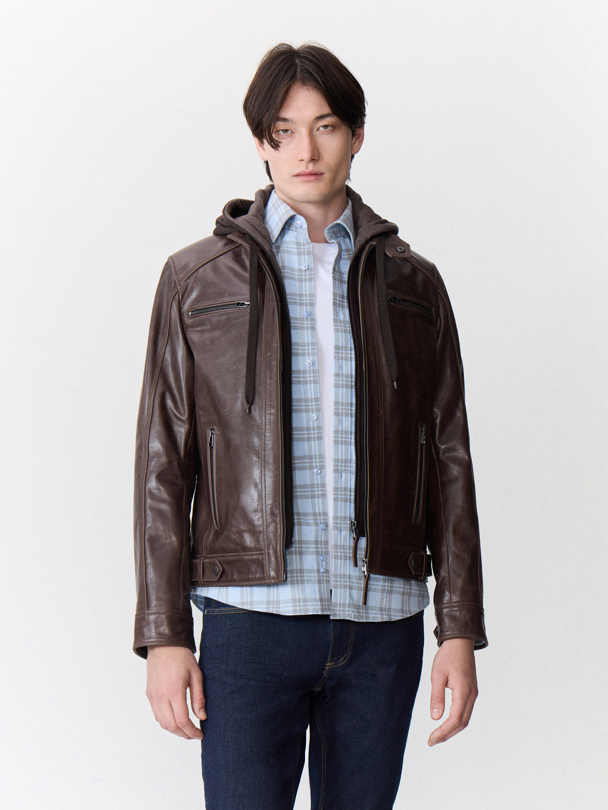 Blouson En Cuir Cognac Capuche Amovible