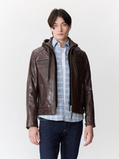 Blouson en cuir cognac à capuche amovible