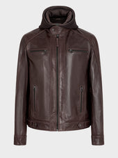 Blouson En Cuir Cognac Capuche Amovible