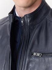 Blouson En Cuir Bleu Marine