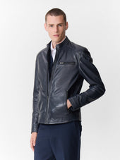 Blouson en cuir bleu marine