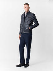 Blouson En Cuir Bleu Marine