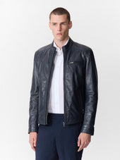 Blouson En Cuir Bleu Marine