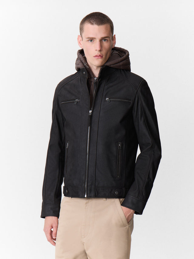 Blouson en cuir nubuck marron à capuche amovible