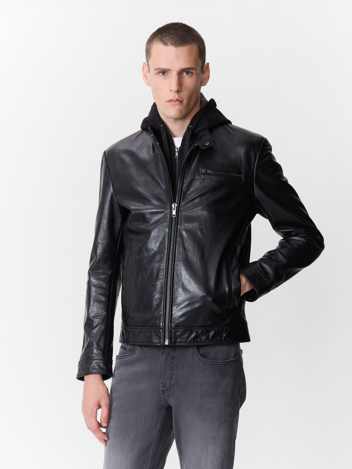 Blouson En Cuir Noir Capuche Amovible