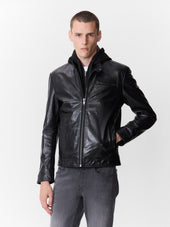 Blouson en cuir noir à capuche amovible