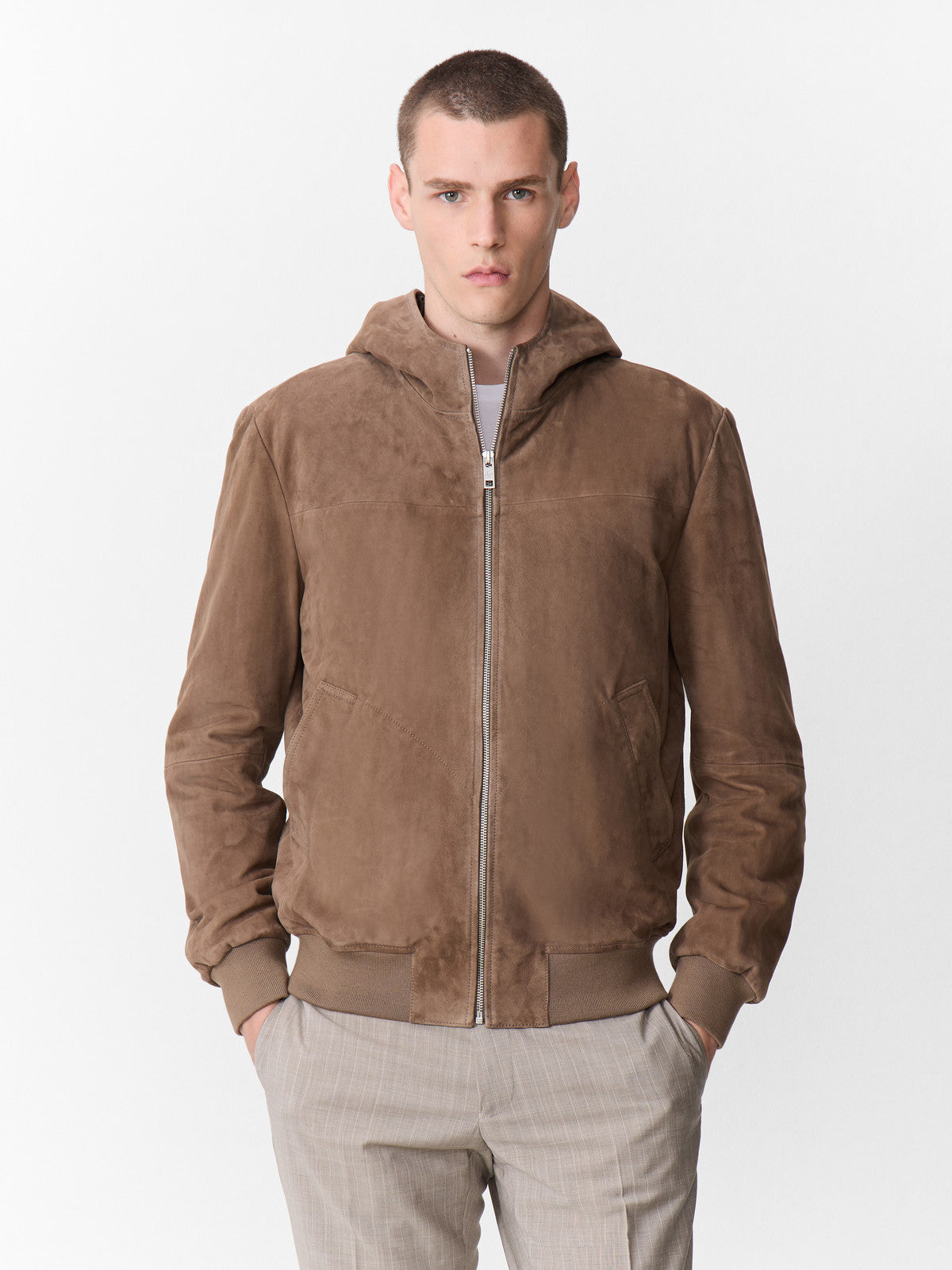 Blouson En Cuir Nubuck Marron Capuche
