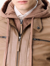 Blouson En Cuir Marron Capuche Amovible