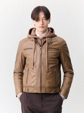 Blouson En Cuir Marron Capuche Amovible