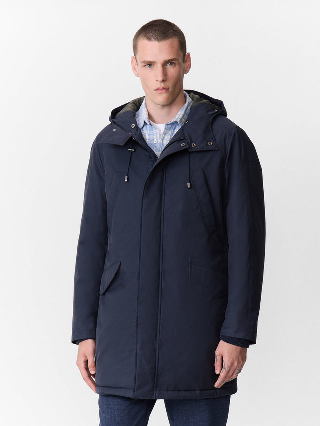 Parka en coton mélangé bleu indigo à capuche