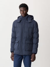 Parka matelassée bleu indigo à capuche amovible