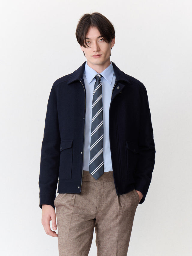 Blouson en laine mélangée bleu marine à col sherpa
