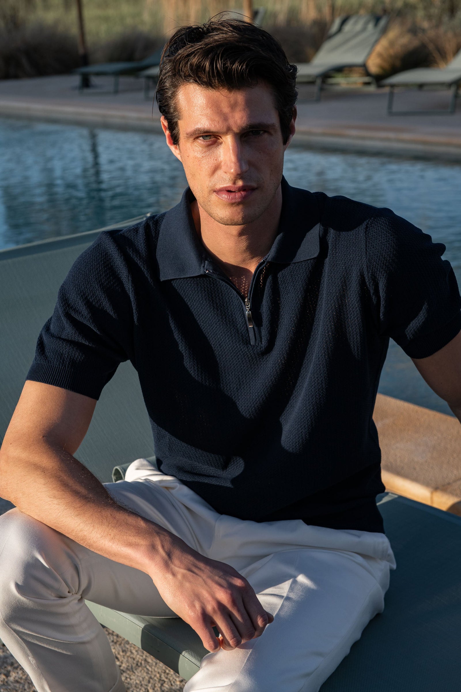 Textured Knit Polo With Zip Made In Italy