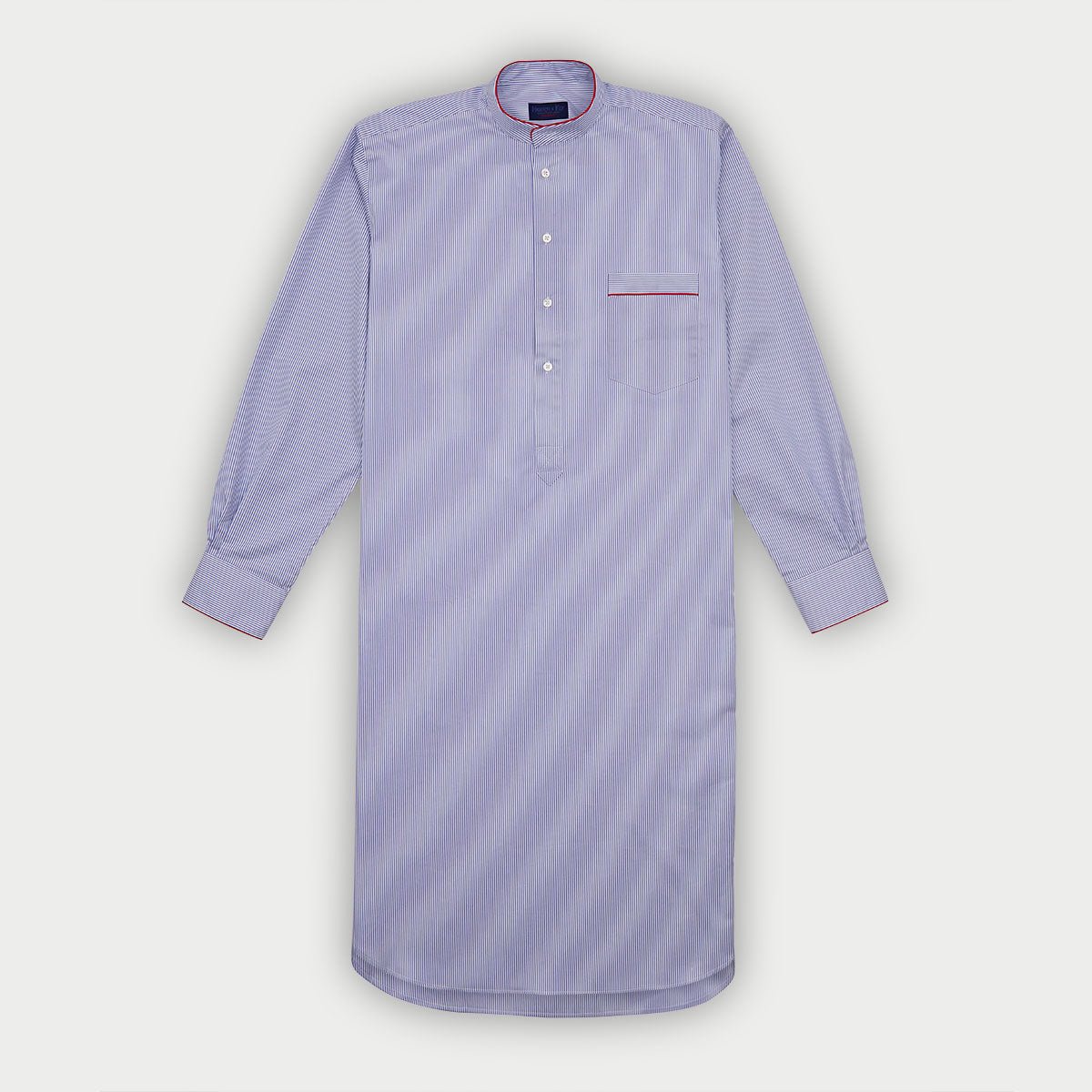 Fine Bengal Stripe Cotton Twill Nightshirt With Red Piping
