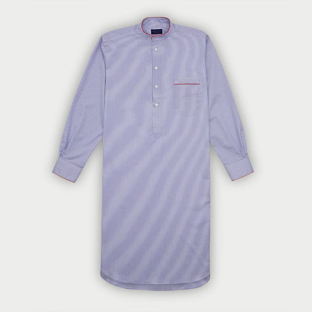 Blue Fine Bengal Stripe Cotton Twill Nightshirt with Red Piping