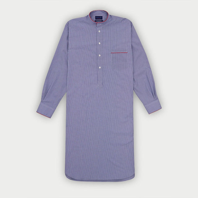 Blue Fine Gingham Check Sea Island Quality Cotton Nightshirt with Red Piping