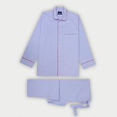 Blue Fine Twill Sea Island Quality Cotton Pyjamas with Red Piping
