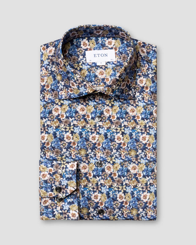 Blaues Twill-Hemd mit floralem Print - Eton