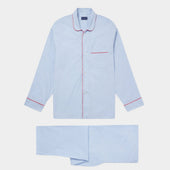 Blue Gingham Check Cotton Pyjamas With Red Piping