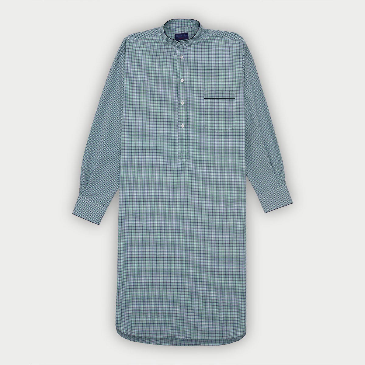 Green Check Cotton Nightshirt With Navy Piping