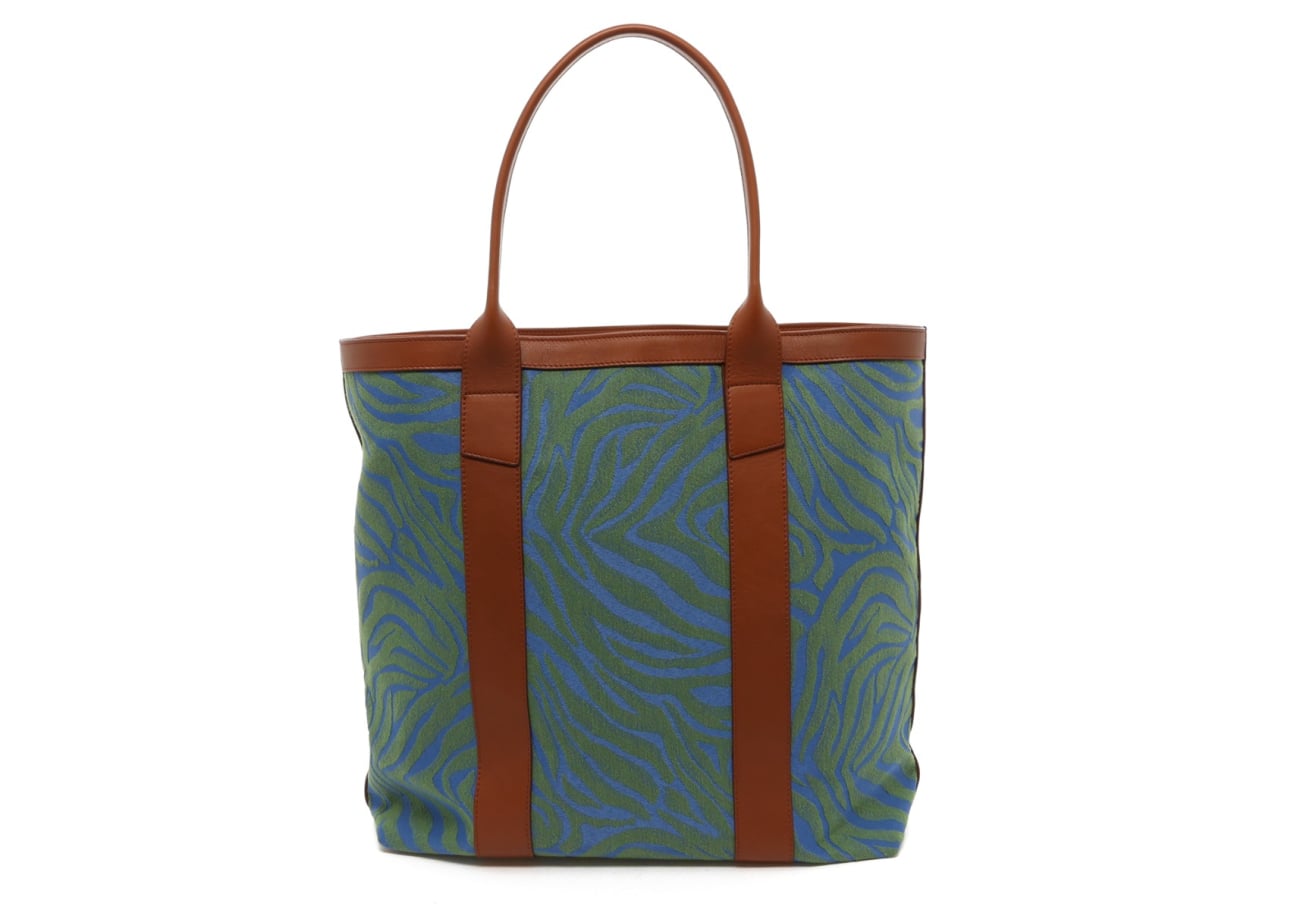 Tall Tote - Blue/Green Animal Print Canvas - Cognac Trim