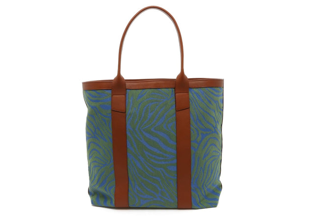 Tall Tote - Blue/Green Animal Print Canvas - Cognac Trim