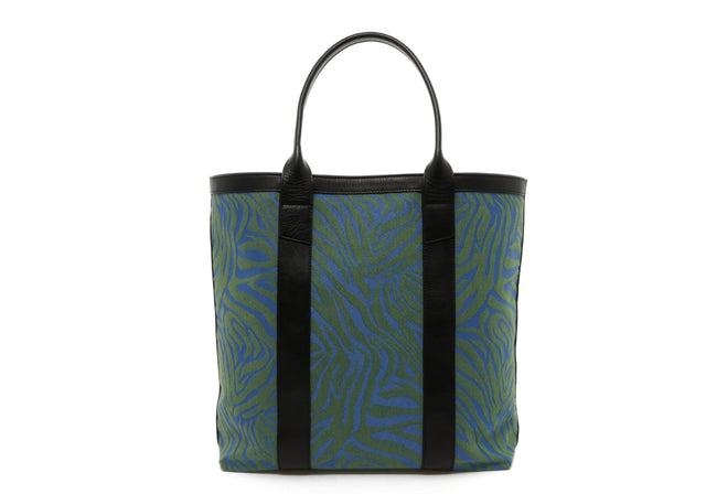 Tall Tote - Blue/Green Animal Print Canvas - Black Trim