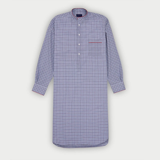 Blue & Navy Overcheck Cotton Nightshirt with Red Piping