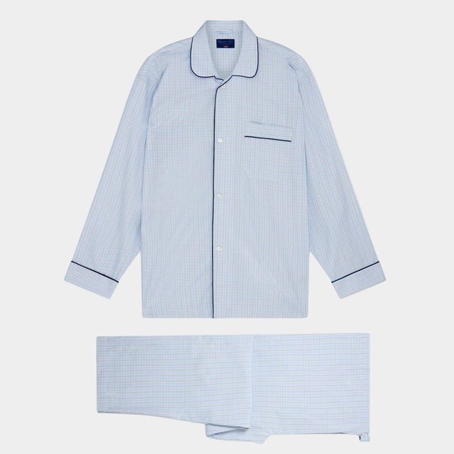 Blue & Orange Overcheck Cotton Pyjamas With Navy Piping