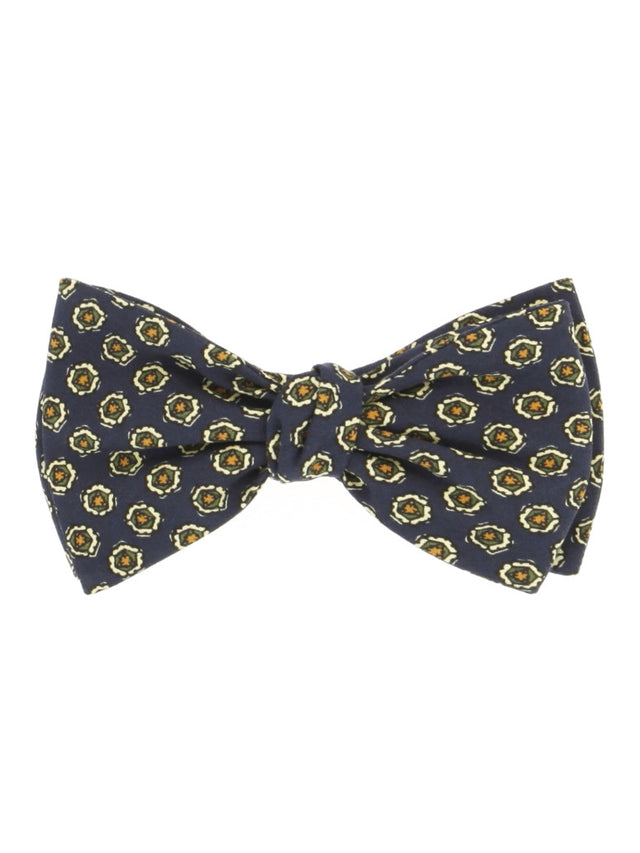 Pre-tied blue silk bow tie with disc patterns