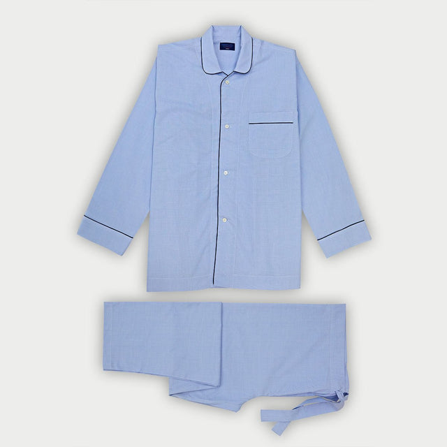 Blue Prince of Wales Check Cotton Pyjamas with Navy Piping
