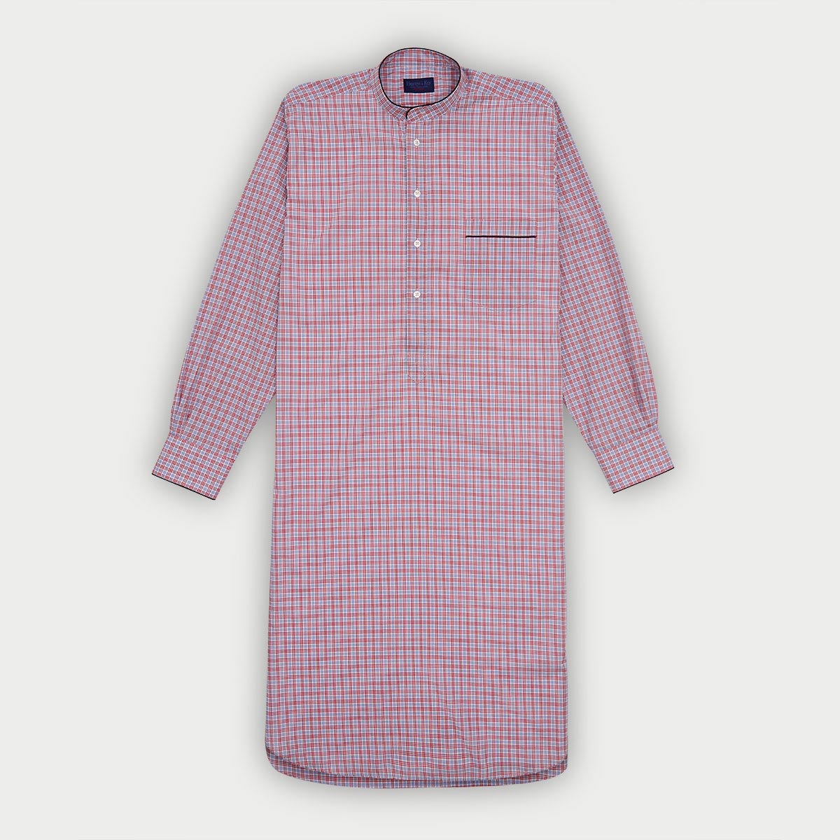 Red Overcheck Cotton Nightshirt With Navy Piping