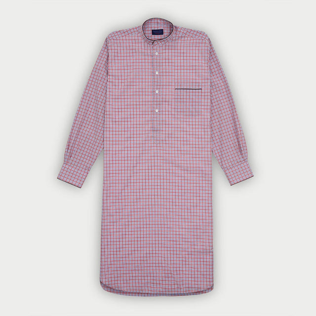 Blue & Red Overcheck Cotton Nightshirt with Navy Piping