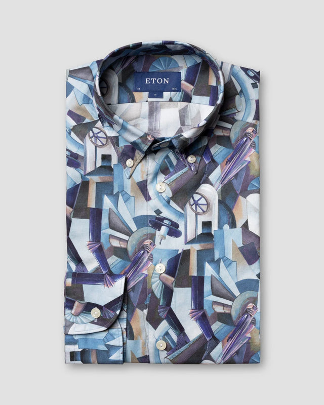 Blaues Print-Hemd mit Button-Down-Kragen - Eton