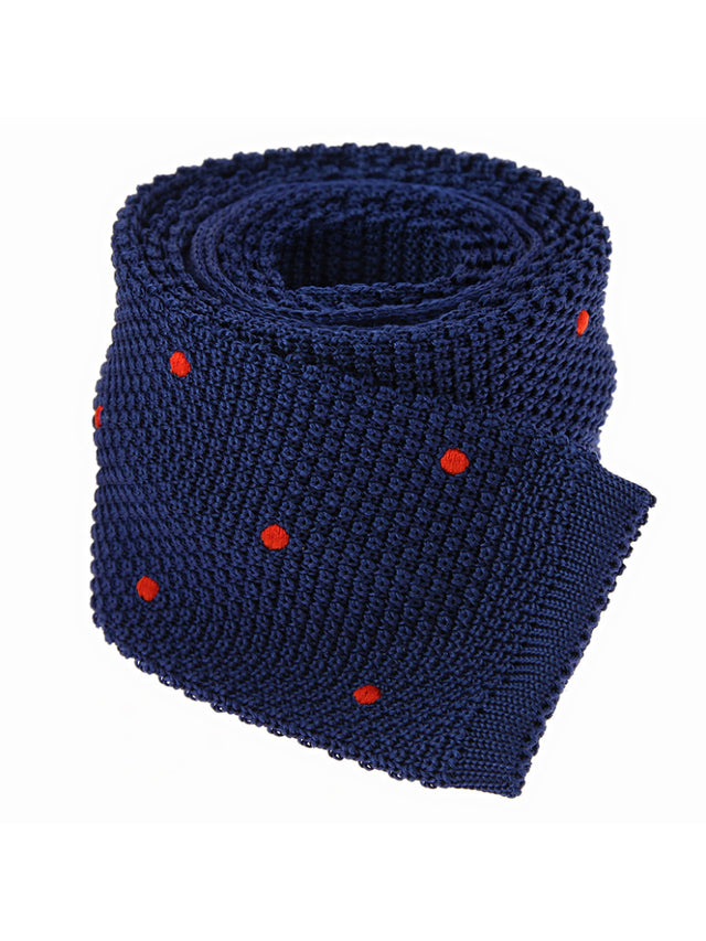 Blue silk knit tie with orange polka dots