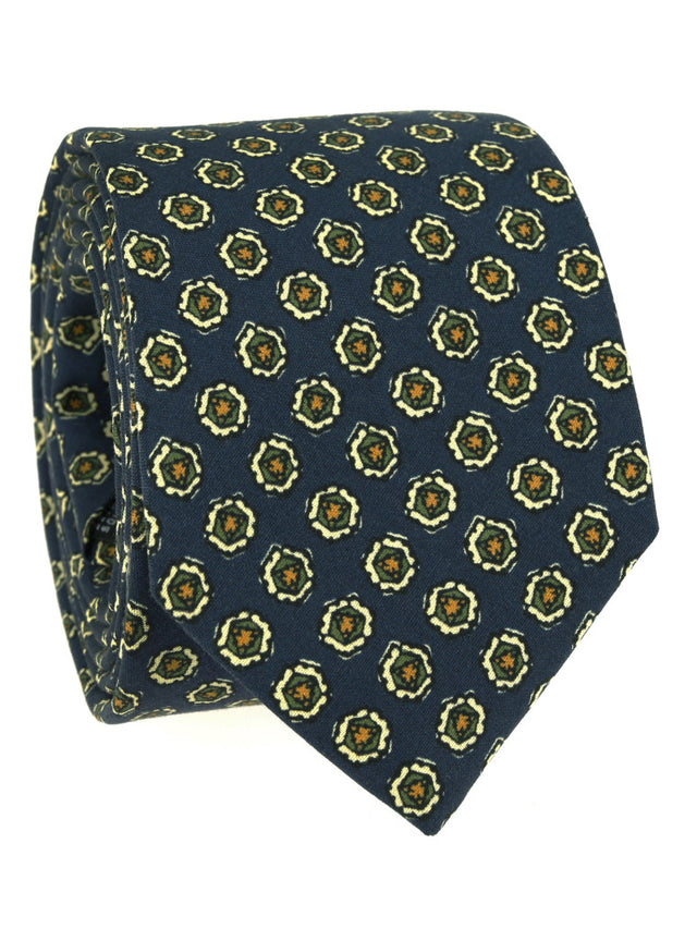 Blue silk tie with disc pattern