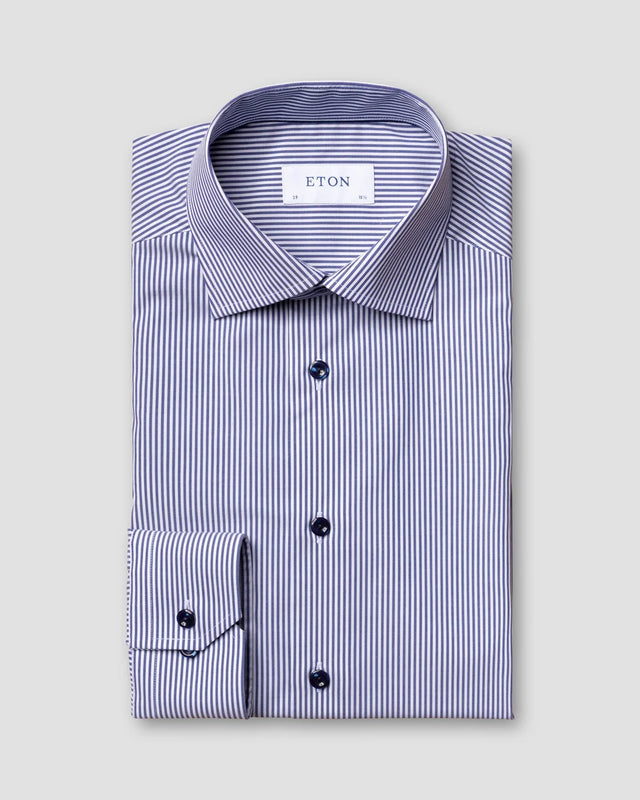 Blau Gestreiftes Stretch Hemd – Navy Knöpfe - Eton