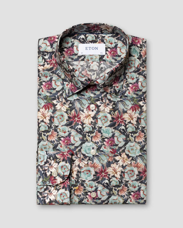 Blaues Baumwoll-Tencel-Hemd mit floralem Print - Eton