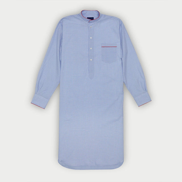 Blue & White Check Cotton Nightshirt with Red Piping