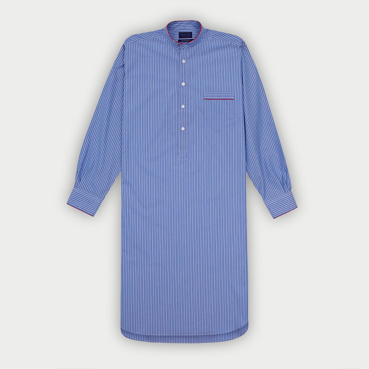 White Fine Stripe Sea Island Quality Cotton Nightshirt With Red Piping