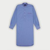 Blue & White Fine Stripe Sea Island Quality Cotton Nightshirt with Red Piping