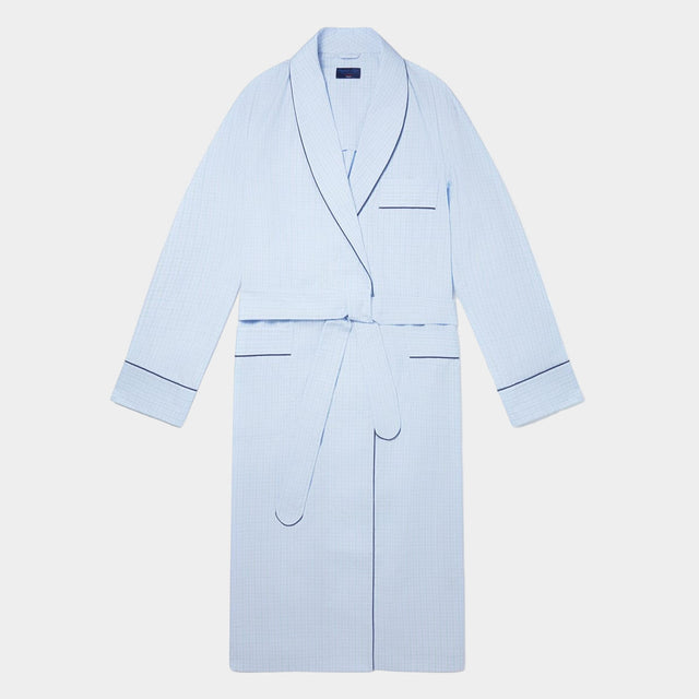 Blue & Green Overcheck Cotton Gown With Navy Piping