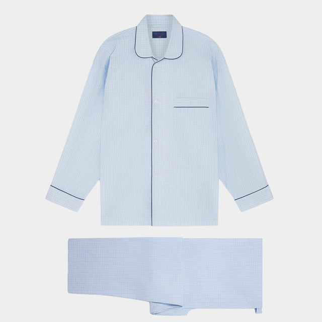 Blue & Green Overcheck Cotton Pyjamas With Navy Piping