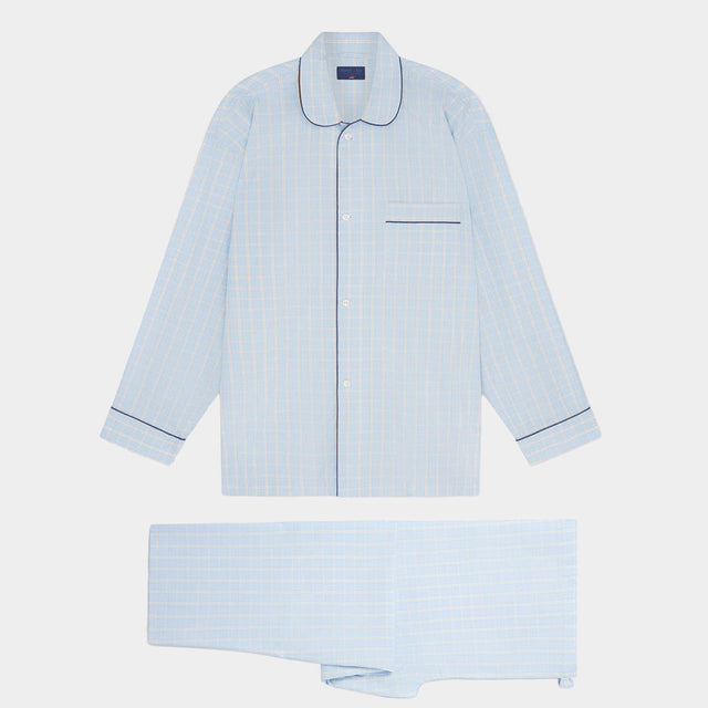 Blue & Yellow Overcheck Cotton Pyjamas With Navy Piping