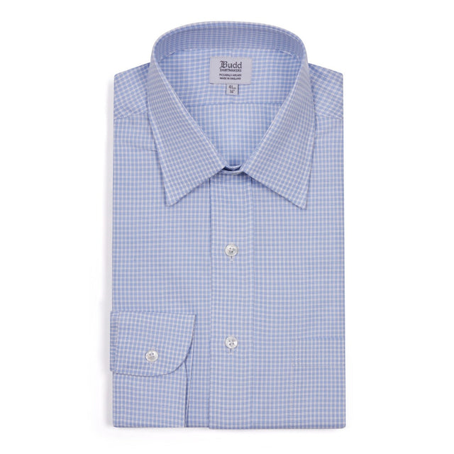 Classic Fit Grid Check Fine Twill Button Cuff Shirt in Sky Blue