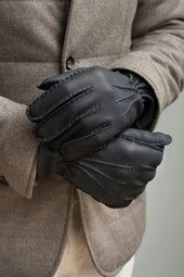 Dark Blue Cashmere Lined Deerskin Leather Gloves Made In Italy