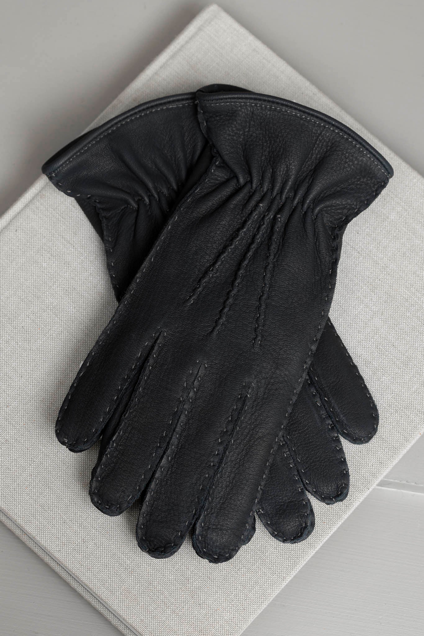 Dark Blue Cashmere Lined Deerskin Leather Gloves Made In Italy
