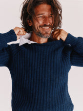 Blue Mogganer Fisherman Ribbed Raglan Chunky Geelong Sweater - Cosmos Navy